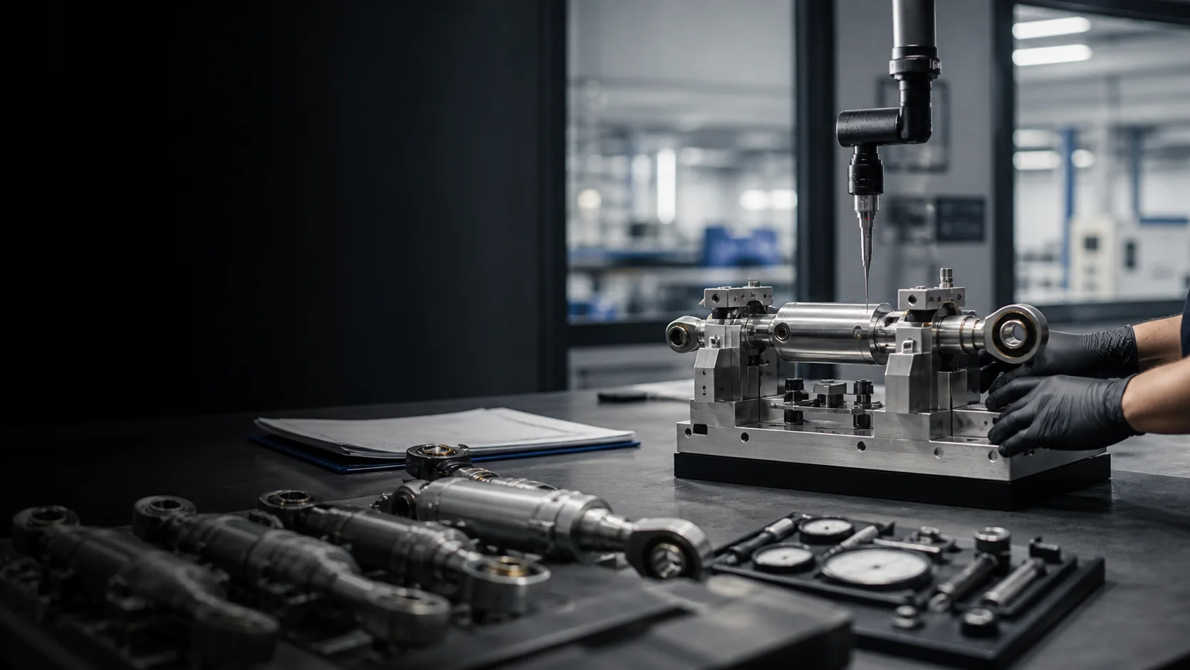 Precision aerospace actuator assemblies undergoing dimensional inspection