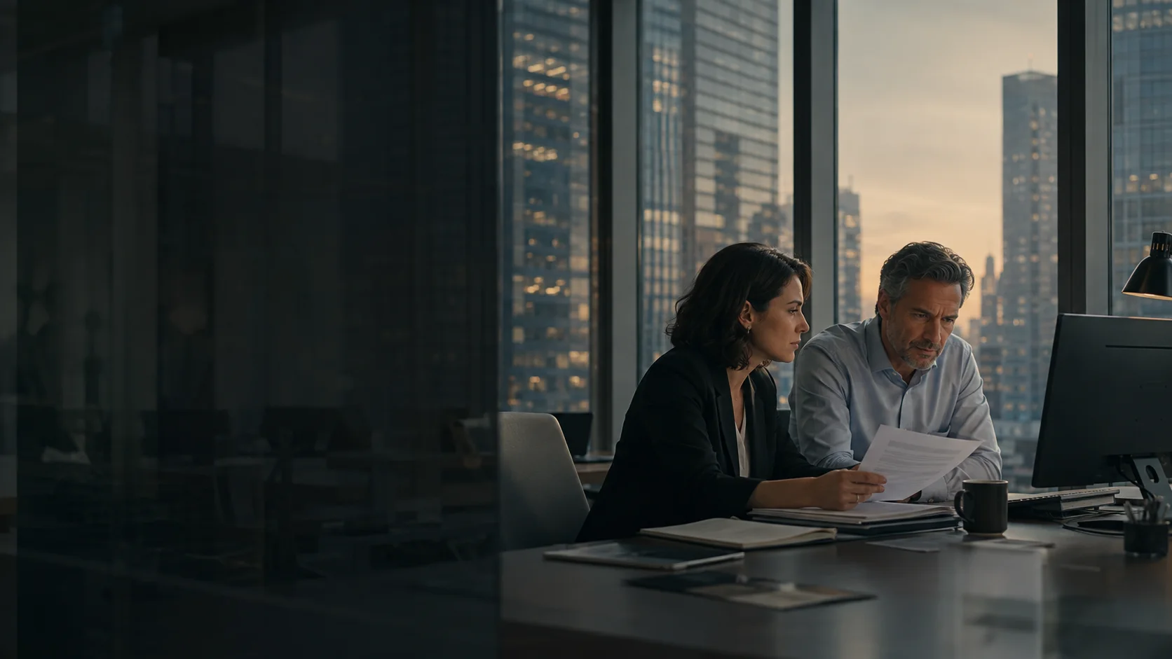 Financial services analysts reviewing documents together in an office overlooking the city