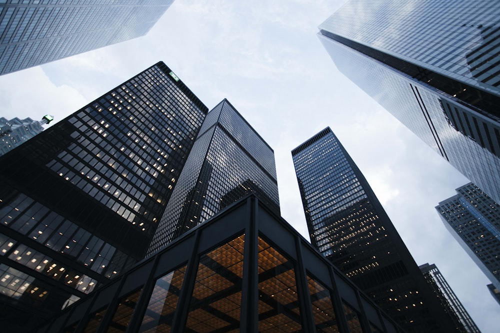 Corporate glass office towers seen from below